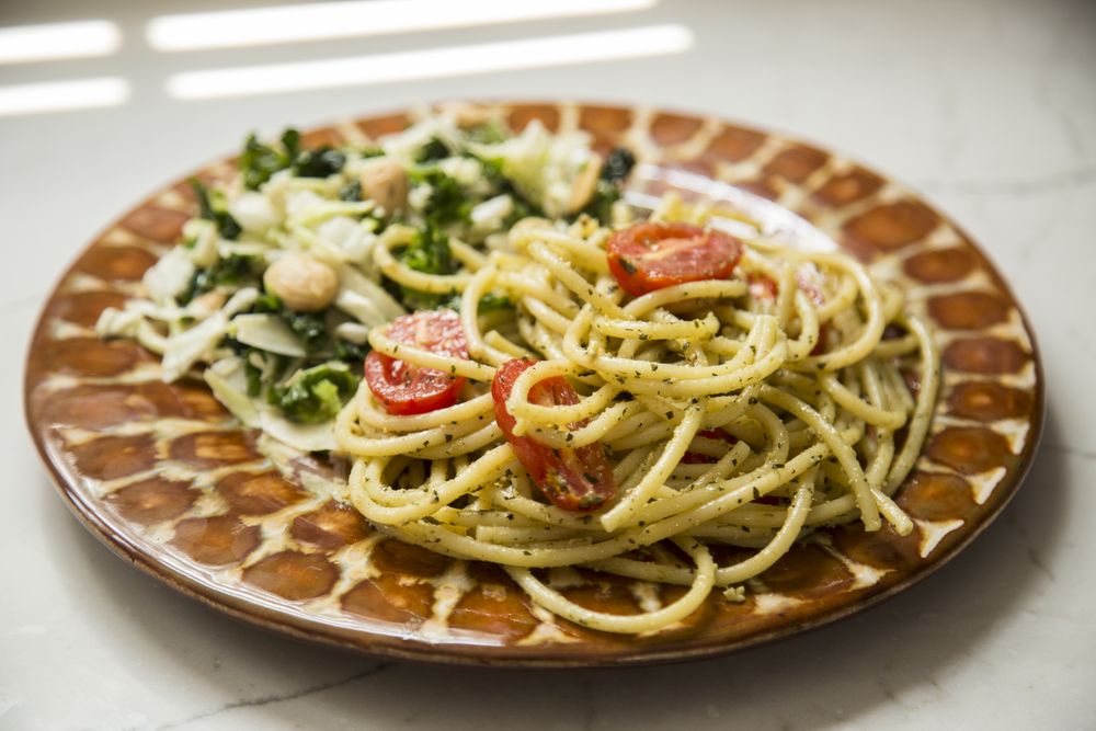 Pesto Bucatini with Kale Ceasar Salad