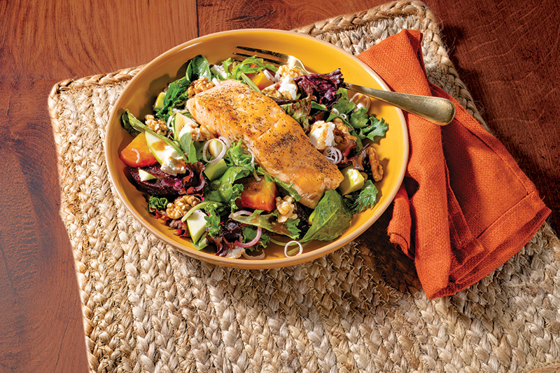 Bowl of Balsamic Beet Salad with Seared Salmon