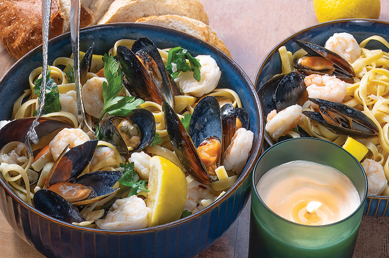 Bowl of Fettuccine with Mussels and Shrimp