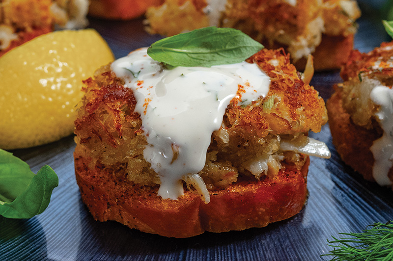 Crabcakes on Crostini with Lemon Dill Sauce
