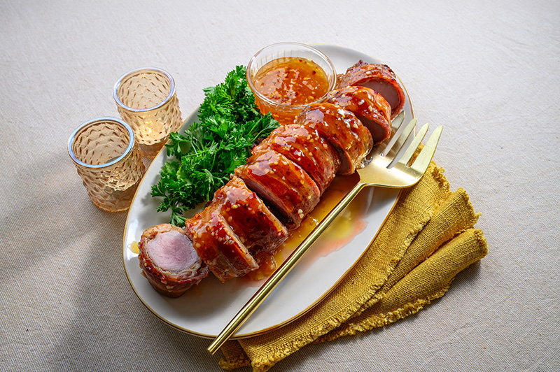 Bacon-Wrapped Pork Tenderloin with Apricot Glaze