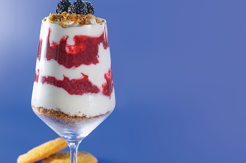 Glass of No Bake Blackberry Cheesecake Parfait