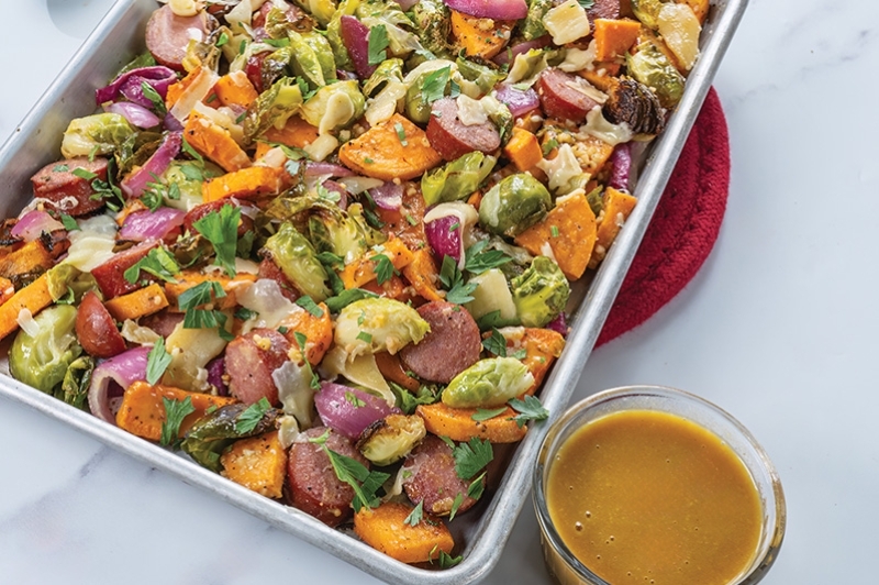 Sheet-Pan With Maple-Dijon Sausage and Fall Veggies