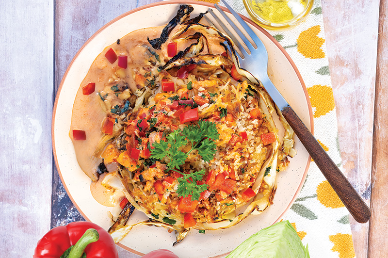 Roasted Cabbage Steaks with Roasted Red Pepper Tahini Dressing
