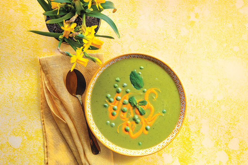Pea and Mint Soup with Carrot Pur&eacute;e