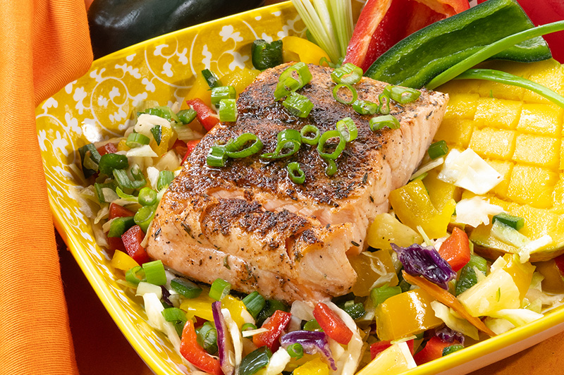 Jerk Salmon with Caribbean Slaw