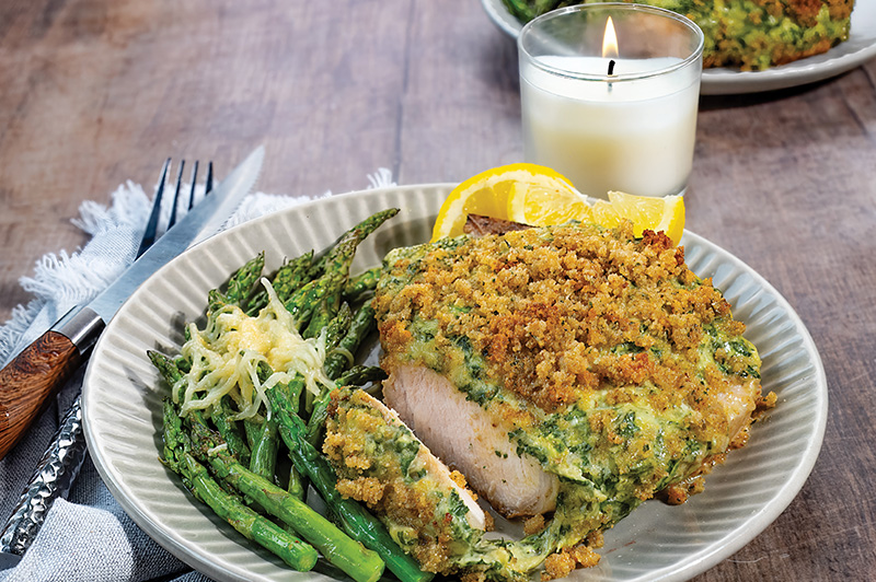 Pork Chops Rockefeller  with Parmesan Asparagus