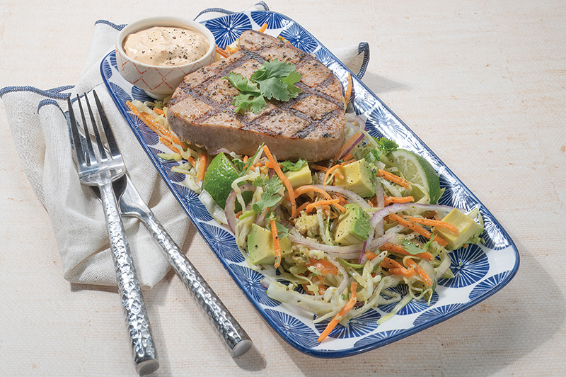 Chargrilled Ahi Tuna with Chipotle-Lime Aioli and Avocado Slaw
