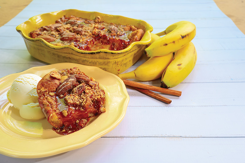 Bourbon Banana Bread Pudding with  Caramel Sauce and Glazed Pecans