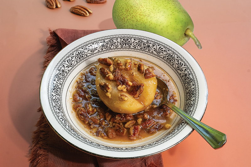 Sweet Tea Poached Pears with Honey  Roasted Pecan Praline Crumble