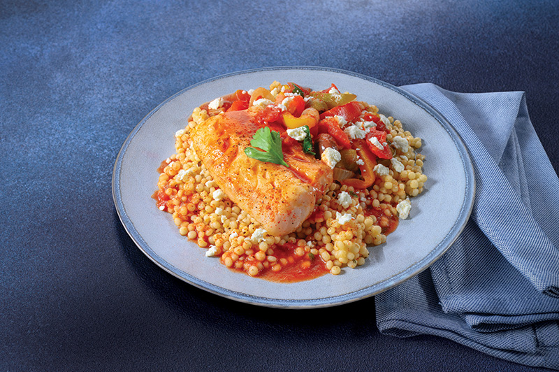 Mediterranean Fish with Tomatoes, Olives, and Pearl Couscous 