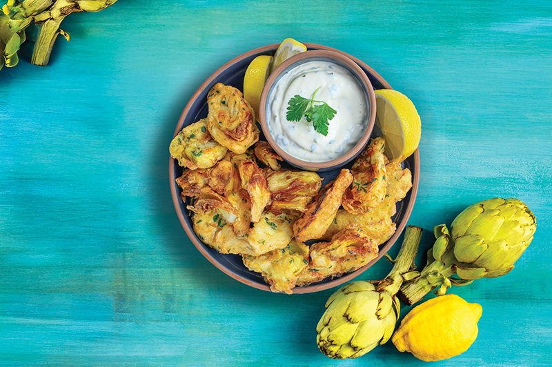 Fried Artichoke Hearts with Lemon Aioli on a Plate