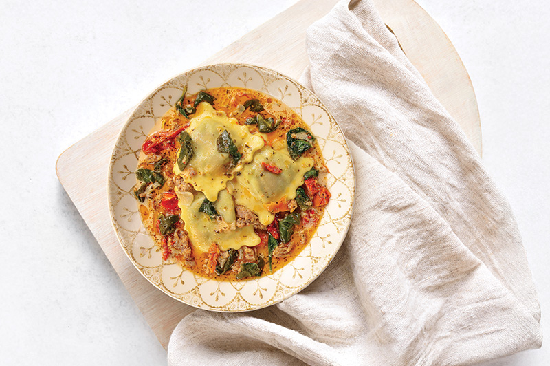 One Pot Tuscan Ravioli Soup in a Bowl